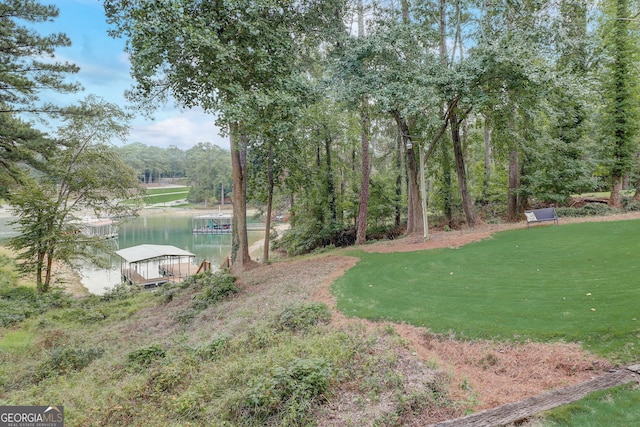 exterior space featuring a water view and a boat dock