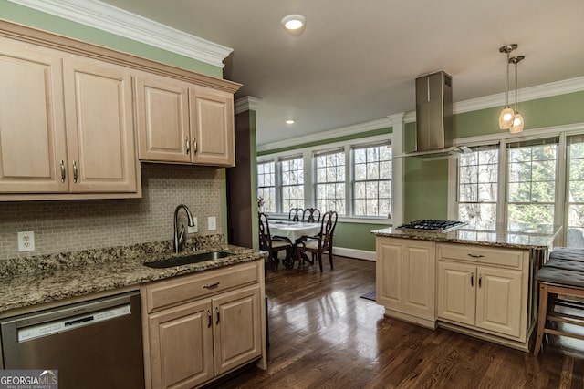 kitchen featuring wall chimney range hood, stainless steel appliances, sink, and dark wood-type flooring