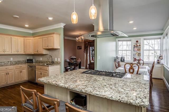 kitchen with dark hardwood / wood-style flooring, an inviting chandelier, island range hood, and pendant lighting