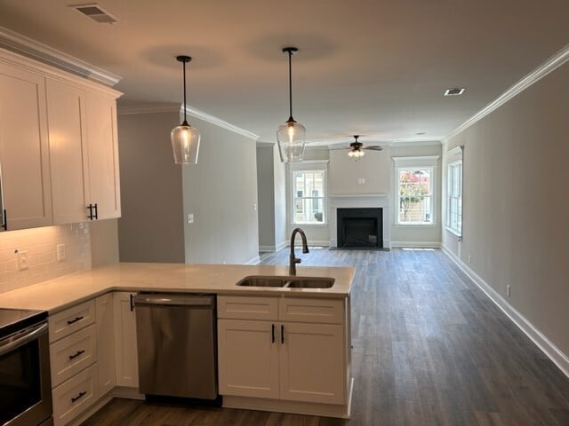 kitchen with hanging light fixtures, ceiling fan, sink, dishwasher, and dark hardwood / wood-style flooring