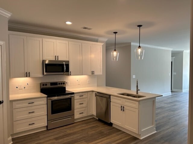 kitchen with stainless steel appliances, kitchen peninsula, white cabinetry, and dark hardwood / wood-style floors