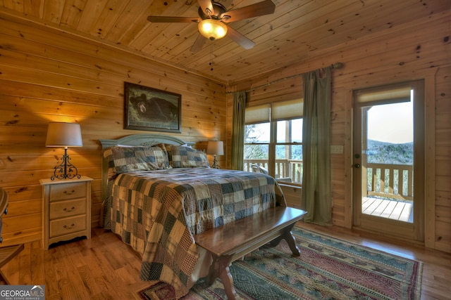 bedroom featuring light hardwood / wood-style flooring, ceiling fan, access to exterior, and wooden ceiling