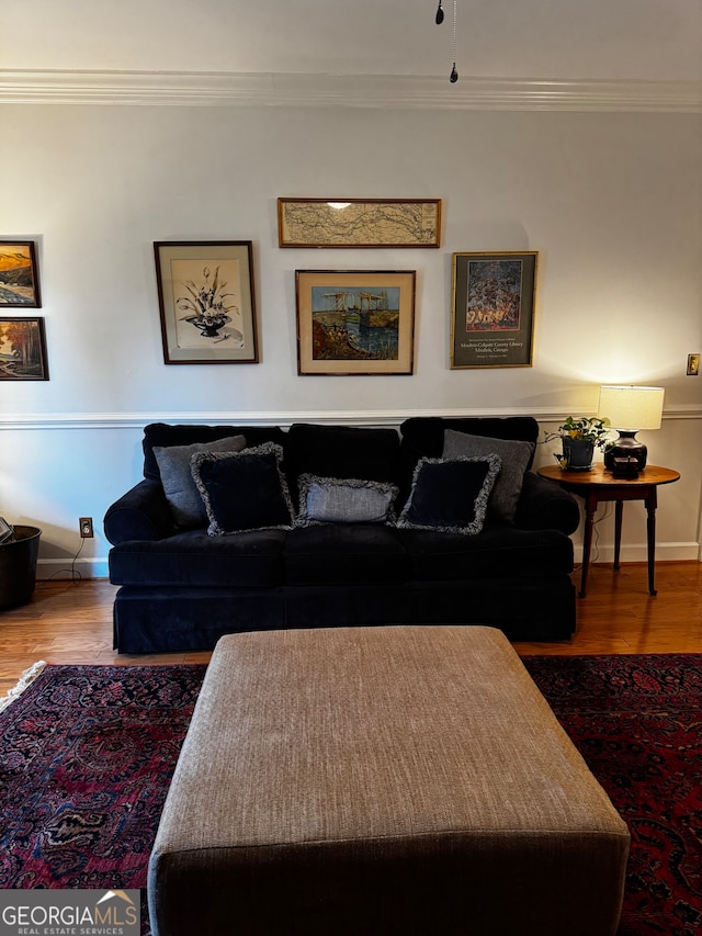 living room featuring hardwood / wood-style floors and crown molding