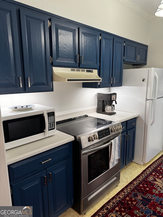 kitchen with range hood, blue cabinetry, ornamental molding, and white appliances