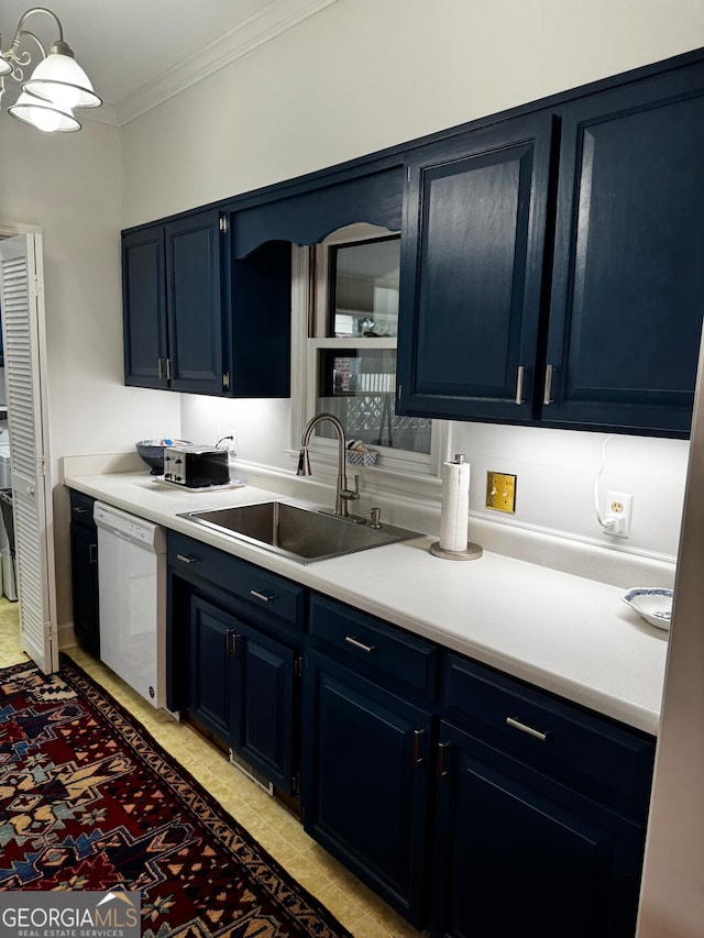 kitchen with white dishwasher, sink, crown molding, light tile patterned floors, and blue cabinetry