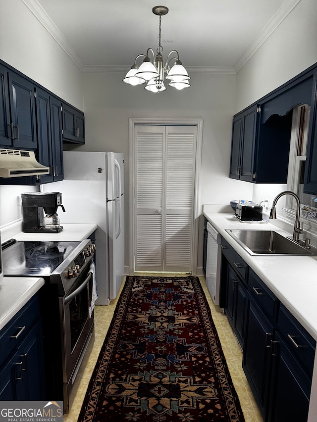 kitchen with sink, blue cabinets, stainless steel appliances, a chandelier, and ventilation hood