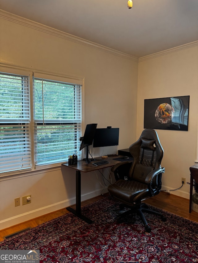 office area featuring ornamental molding and wood-type flooring