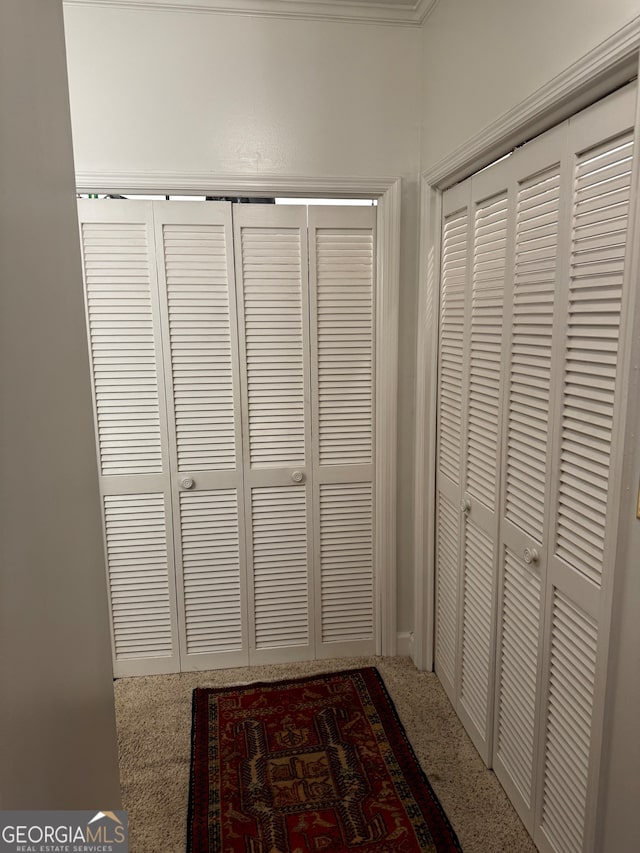 corridor featuring carpet flooring and ornamental molding