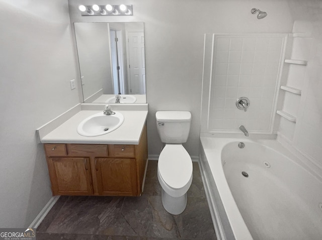 full bathroom with vanity, tub / shower combination, and toilet