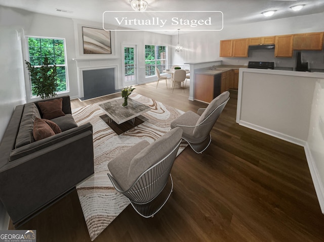 living room with dark hardwood / wood-style flooring and sink