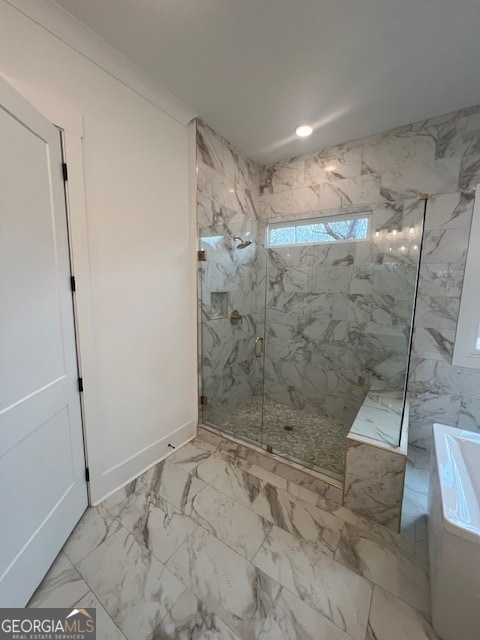 bathroom featuring plus walk in shower and tile flooring