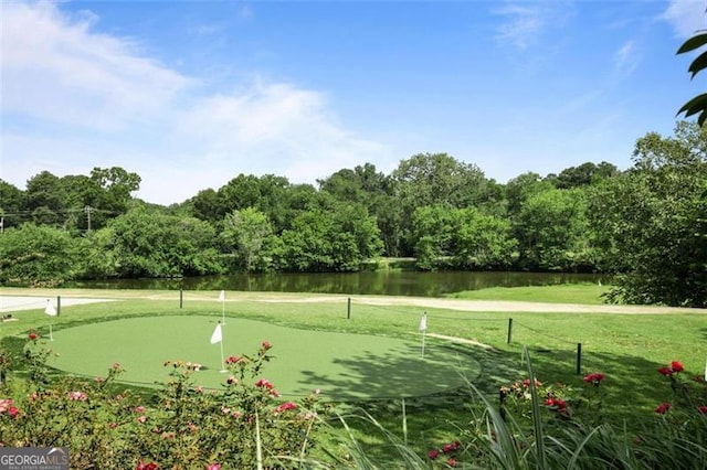 view of community featuring a lawn and a water view