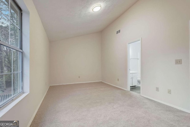 empty room with light carpet, a textured ceiling, and high vaulted ceiling