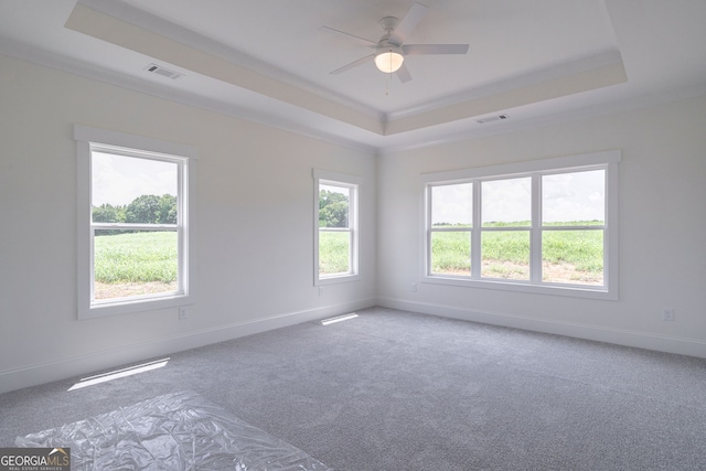 unfurnished room with a raised ceiling, ceiling fan, ornamental molding, and carpet flooring