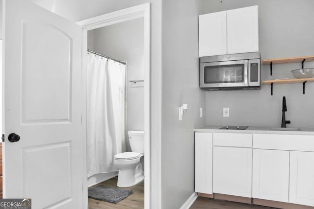 bathroom featuring vanity, toilet, and hardwood / wood-style flooring