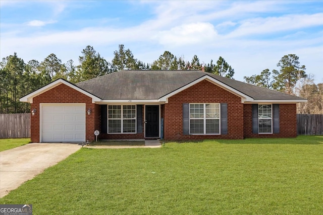 ranch-style house featuring a front yard and a garage