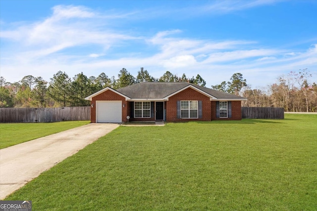 ranch-style home with a front yard and a garage