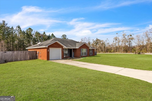 ranch-style home featuring a front lawn and a garage