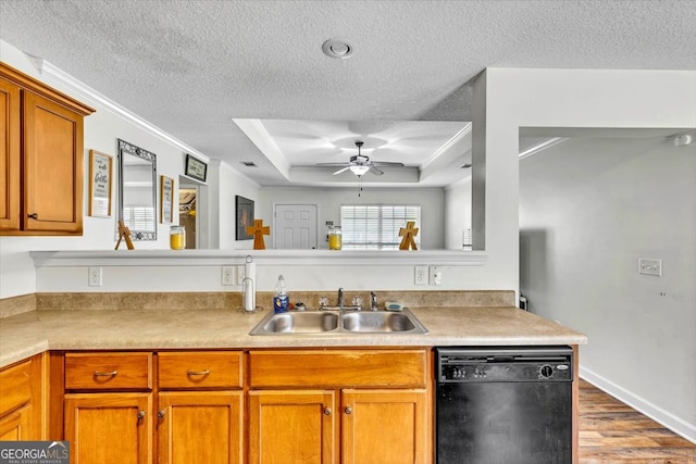 kitchen with a tray ceiling, ceiling fan, sink, light hardwood / wood-style flooring, and dishwasher