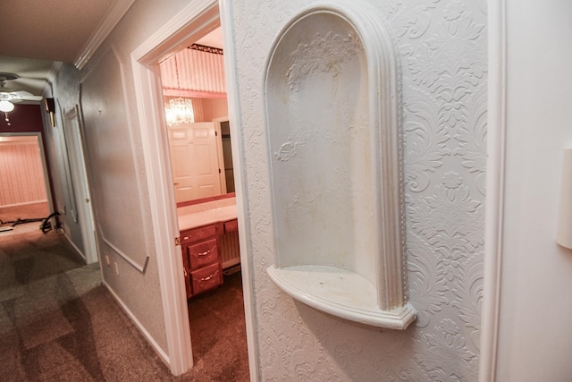 bathroom featuring ceiling fan, vanity, and crown molding