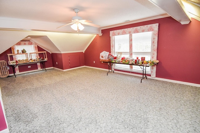 additional living space featuring light carpet, ceiling fan, and vaulted ceiling