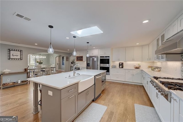 kitchen with a skylight, stainless steel appliances, sink, an island with sink, and white cabinets