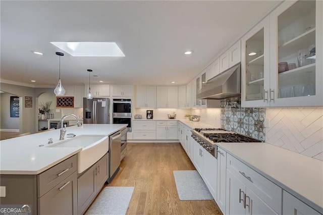 kitchen with a skylight, range hood, sink, appliances with stainless steel finishes, and white cabinets