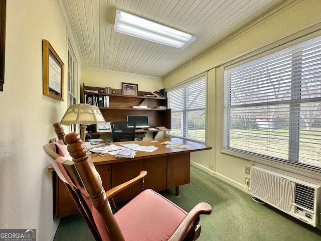 carpeted office featuring ornamental molding