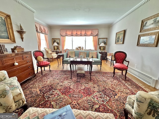 interior space with crown molding, a baseboard radiator, and light hardwood / wood-style flooring