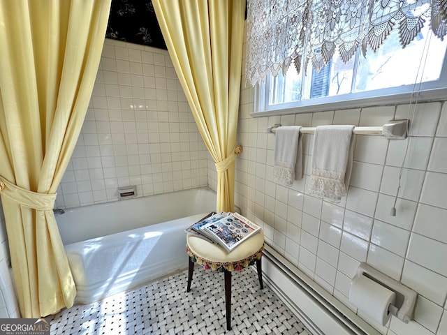 bathroom with shower / tub combination, tile walls, and tile flooring