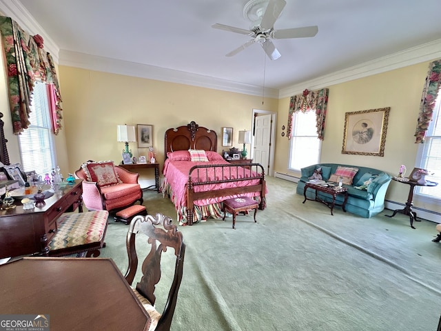 bedroom with a baseboard radiator, ceiling fan, ornamental molding, and light carpet