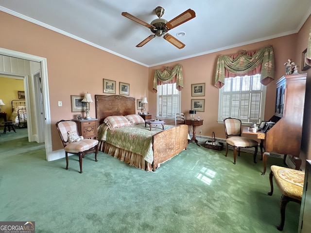 bedroom featuring ceiling fan, ornamental molding, and carpet