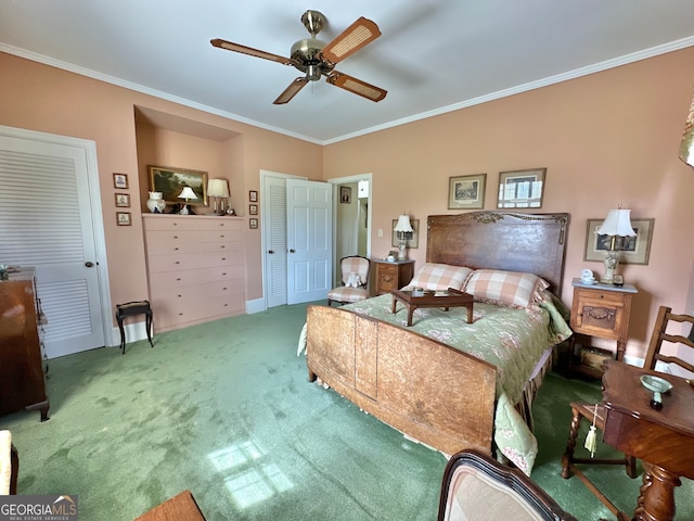 bedroom featuring ceiling fan, crown molding, and carpet floors