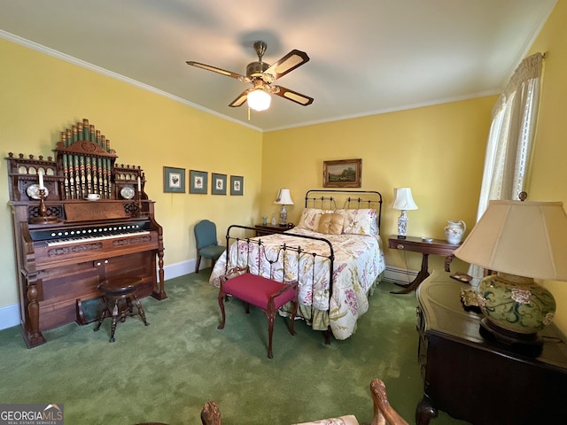 carpeted bedroom featuring a baseboard radiator, ceiling fan, and ornamental molding