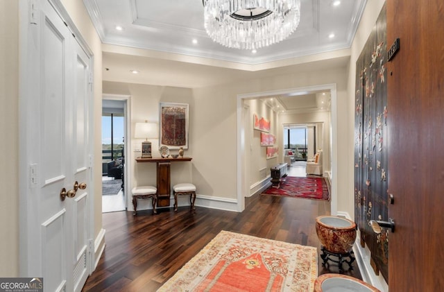 entryway featuring a tray ceiling, dark hardwood / wood-style flooring, and ornamental molding