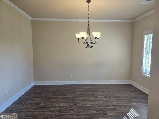 unfurnished room featuring ornamental molding, a notable chandelier, and dark hardwood / wood-style flooring