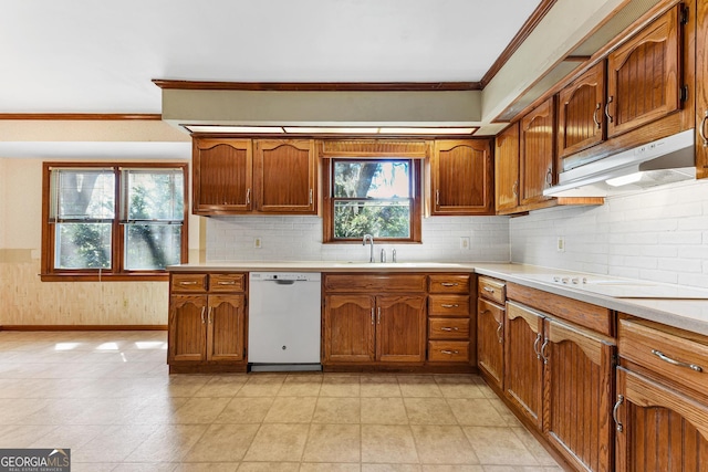 kitchen with light tile floors, backsplash, dishwasher, and black electric cooktop