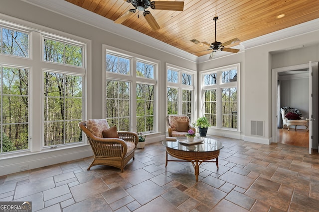 sunroom / solarium featuring plenty of natural light, ceiling fan, and wooden ceiling