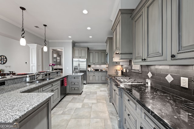 113 Hawks Ct, Ball Ground, GA 30107 - kitchen featuring gray cabinets, stainless steel fridge with ice dispenser, tasteful backsplash, stone counters, and recessed lighting