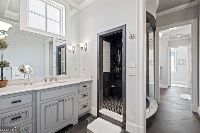 bathroom featuring walk in shower, vanity, tile floors, and crown molding