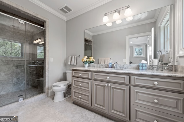 bathroom with an enclosed shower, vanity, toilet, and crown molding