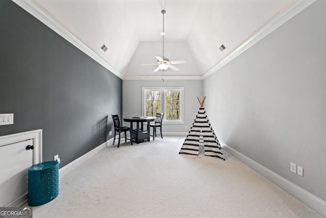 sitting room featuring vaulted ceiling, carpet, ornamental molding, and ceiling fan