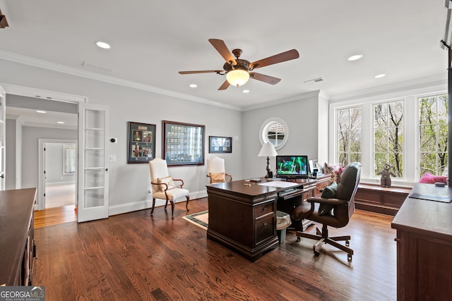 home office with ceiling fan, crown molding, and dark wood-type flooring