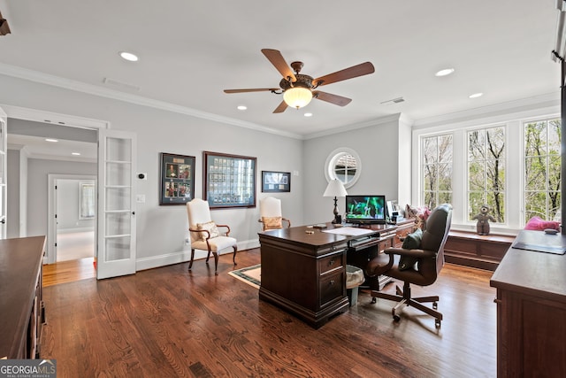 113 Hawks Ct, Ball Ground, GA 30107 - office space featuring recessed lighting, ceiling fan, french doors, dark wood-type flooring, and crown molding