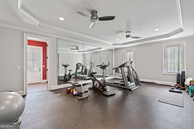 113 Hawks Ct, Ball Ground, GA 30107 - workout area featuring a tray ceiling, a ceiling fan, ornamental molding, and recessed lighting