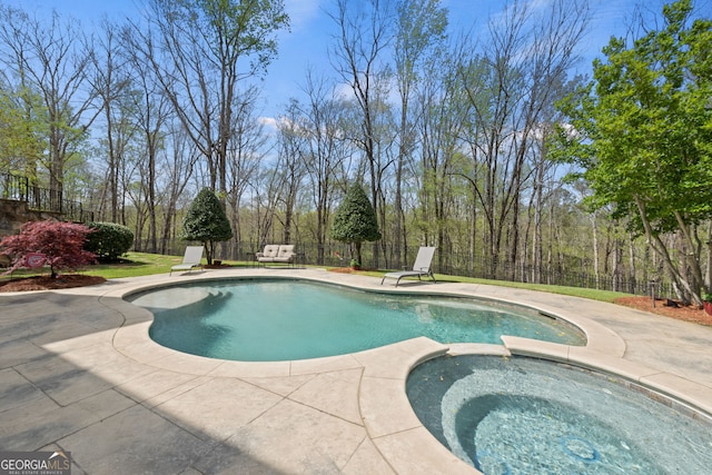 view of swimming pool with an in ground hot tub