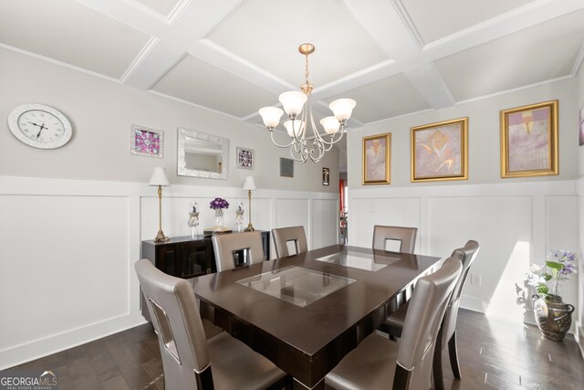 dining room featuring coffered ceiling, a chandelier, and dark wood-type flooring