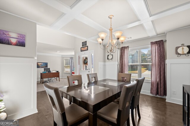 dining area featuring a notable chandelier, ornamental molding, coffered ceiling, and dark wood-type flooring