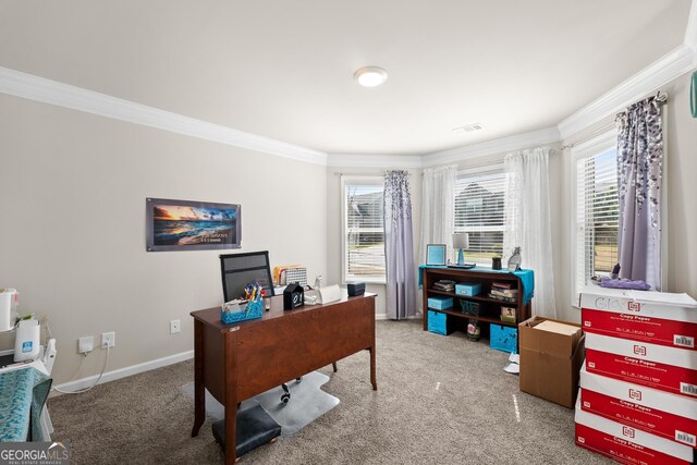 office featuring light colored carpet, crown molding, and a wealth of natural light