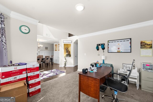 office area featuring a chandelier, dark hardwood / wood-style flooring, and ornamental molding